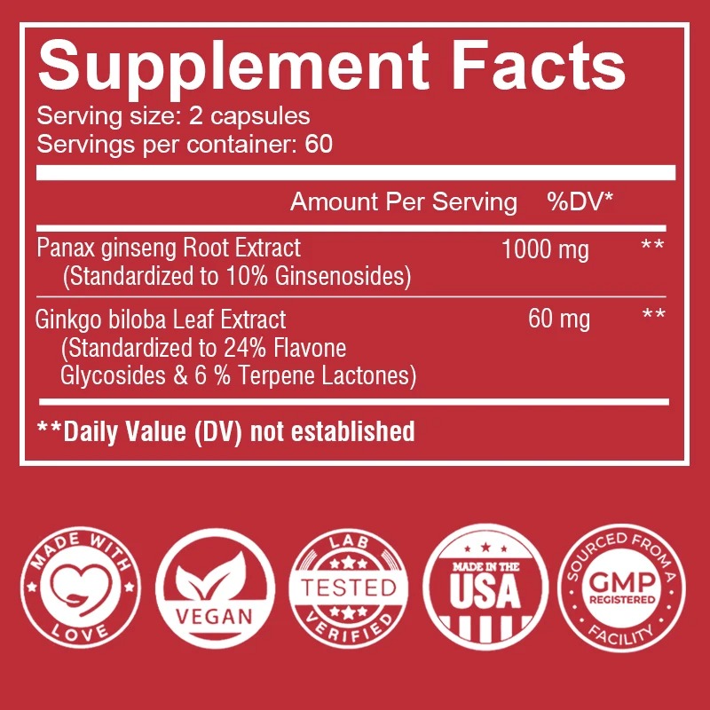 Vegan Korean Red Panax Ginseng - Ginkgo Biloba Extract reseña y precio
