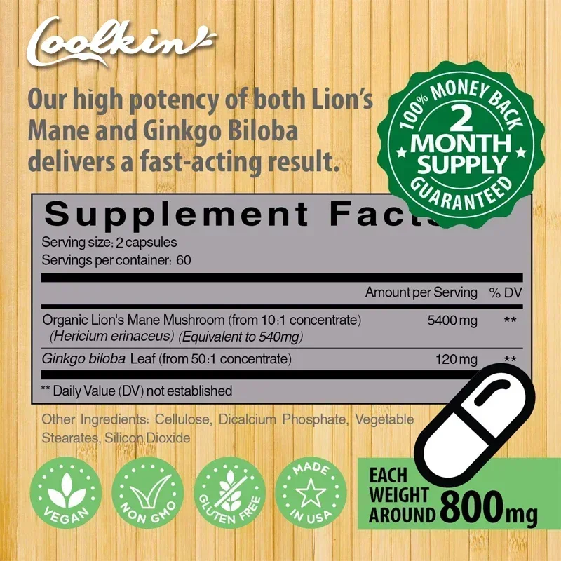 Coolkin Lion's Mane Mushroom E - Ginkgo Biloba Extract reseña y precio